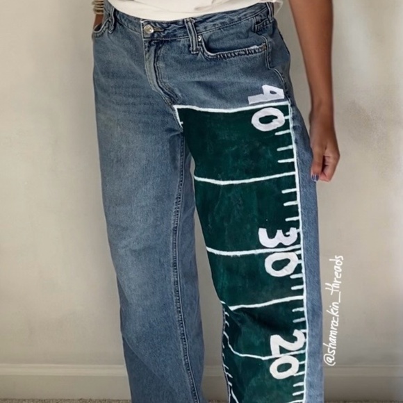 forest green white and blue hand painted football field jeans - Picture 14 of 16